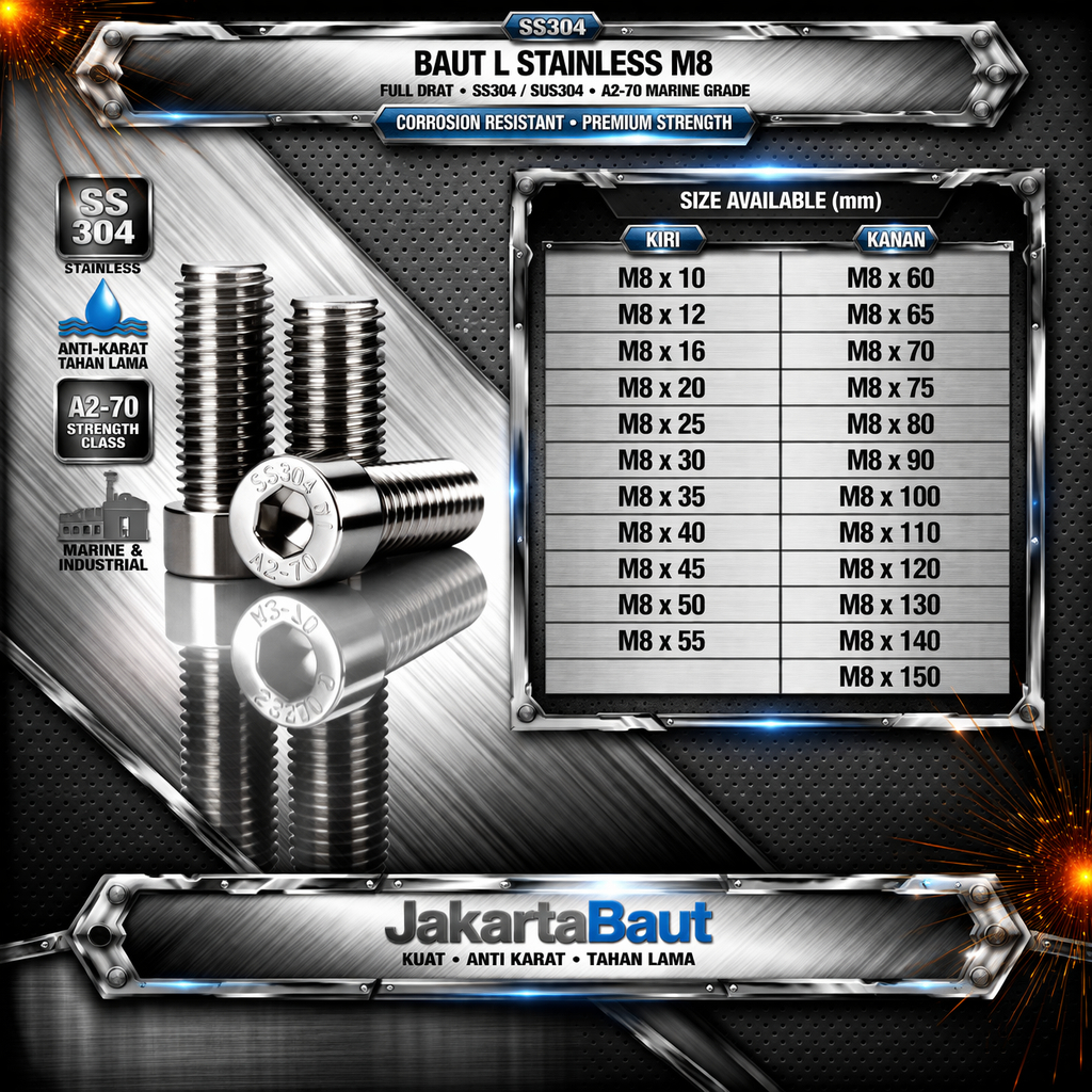 Baut L Stainless M8X55 / 8X55 / M8 X 55 / 8 X 55 Full Drat SS304 / SUS304 / A2-70