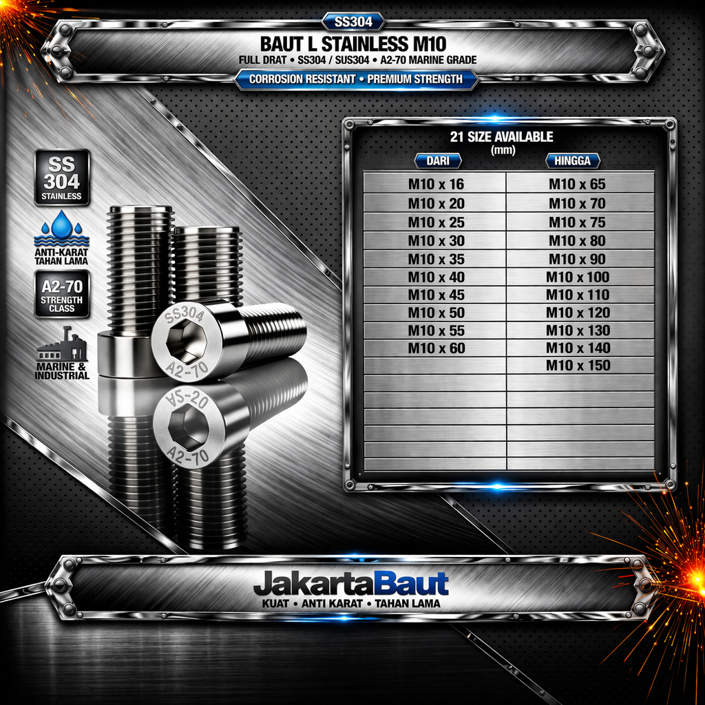 Baut L Stainless M10X120 / 10X120 / M10 X 120 / 10 X 120 Full Drat SS304 / SUS304 / A2-70