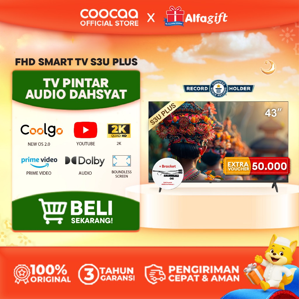 [+BRACKET] NEW COOCAA 43 inch S3U PLUS - Coolita 3.0 - Smart TV - Youtube/ Prime Video - Dolby Audio