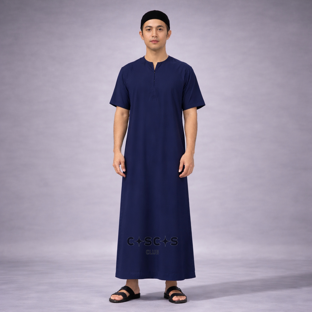 CASCAS V-Neck Gamis Taib Thobe Jubah Slim Fit - Navy
