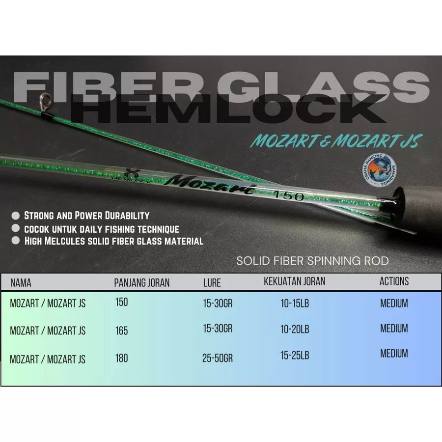 JORAN SPINNING FIBER SOLID GLASS HEMLOCK MOZART DAN MOZART JS, 150, 165, 180