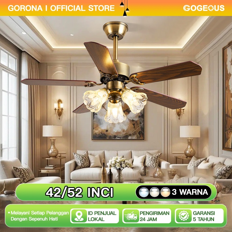 GOGEOUS Lampu kipas angin gantung plafon 42/52 inci remote 3warna kipas angin ruang tamu dengan lamp
