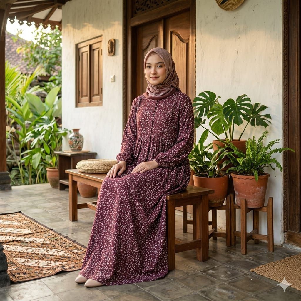 gamis dress rayon viscose premium motif bunga salur etnik adem