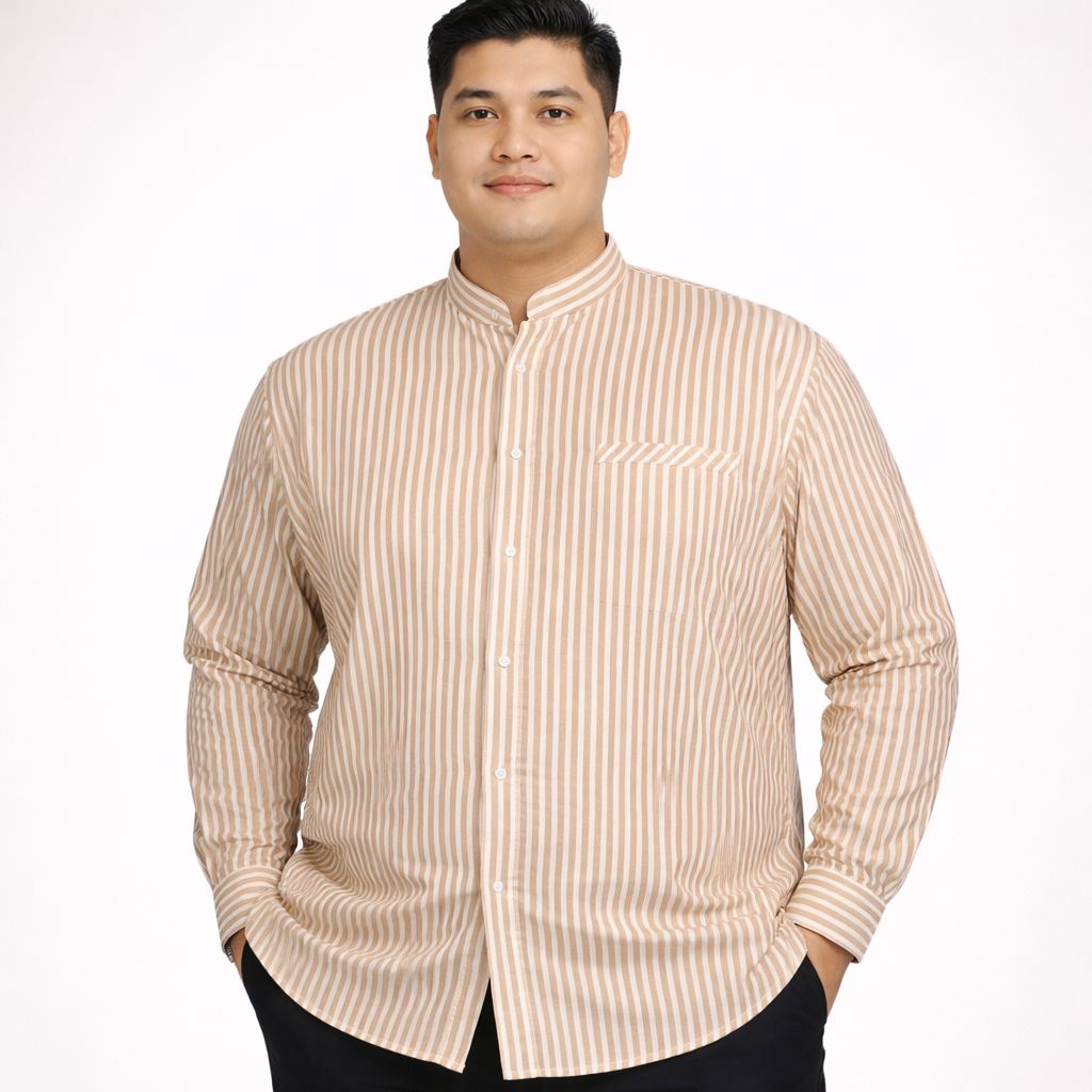 Kemeja Pria Jumbo Lengan Panjang Hem Salur Stripe Garis garis Kerah Shanghai