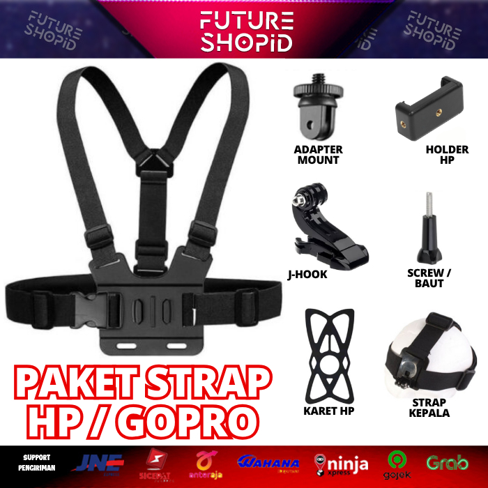 Paket Strap Dada / Kepala+ Holder HP Chest / Head Strap Gopro Action Cam Kogan Xiaomi Vlog Motovlog 