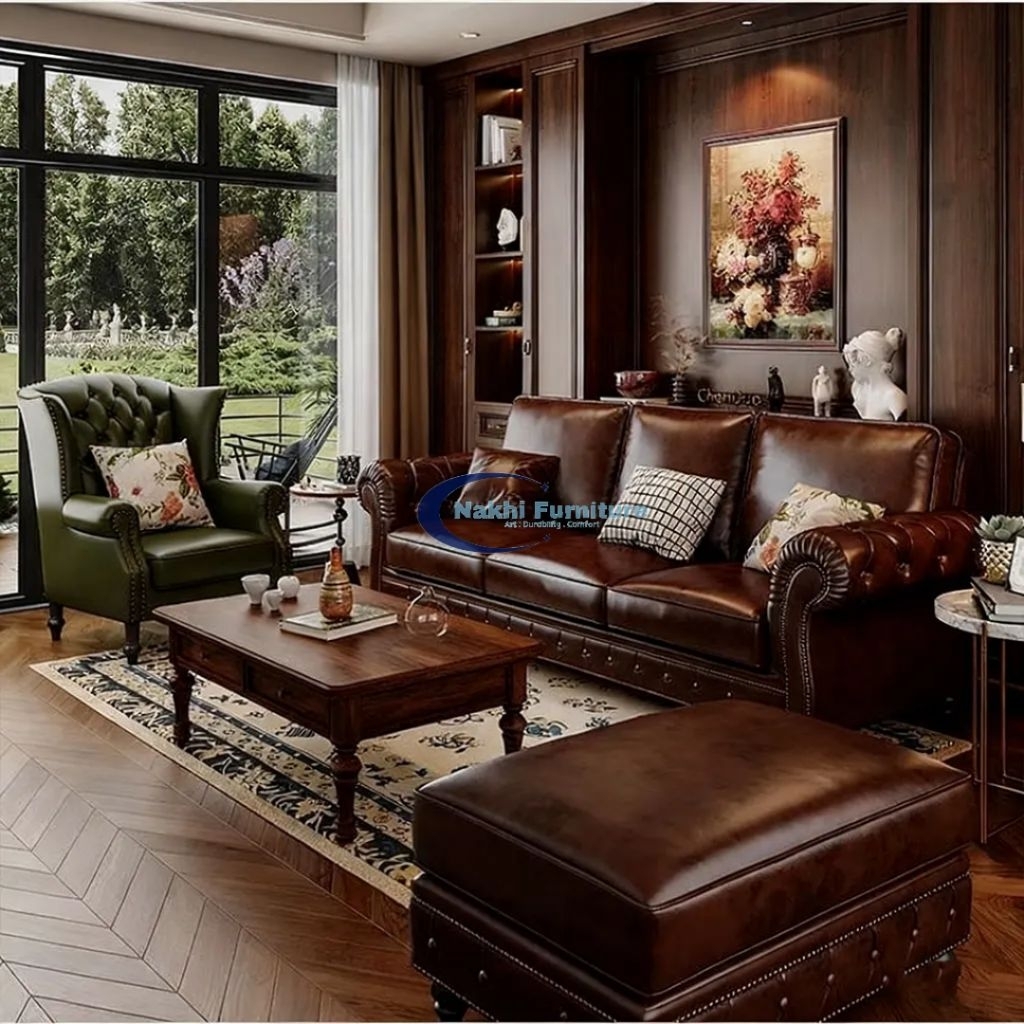 Sofa sudut tamu kulit premium cocok untuk ruangan nuansa klasik