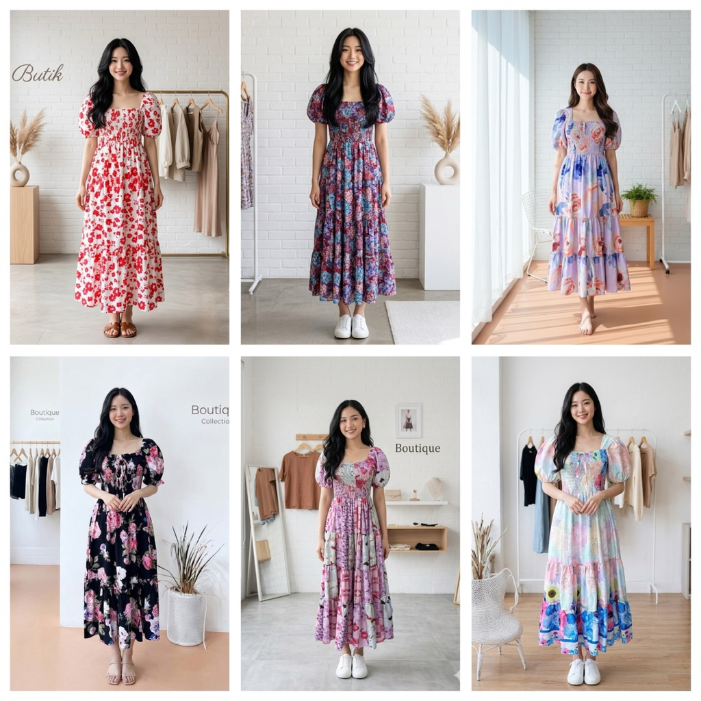Althea Elegant Dress | Dress Bangkok Import Premium | Dress Smock Lengan Balon