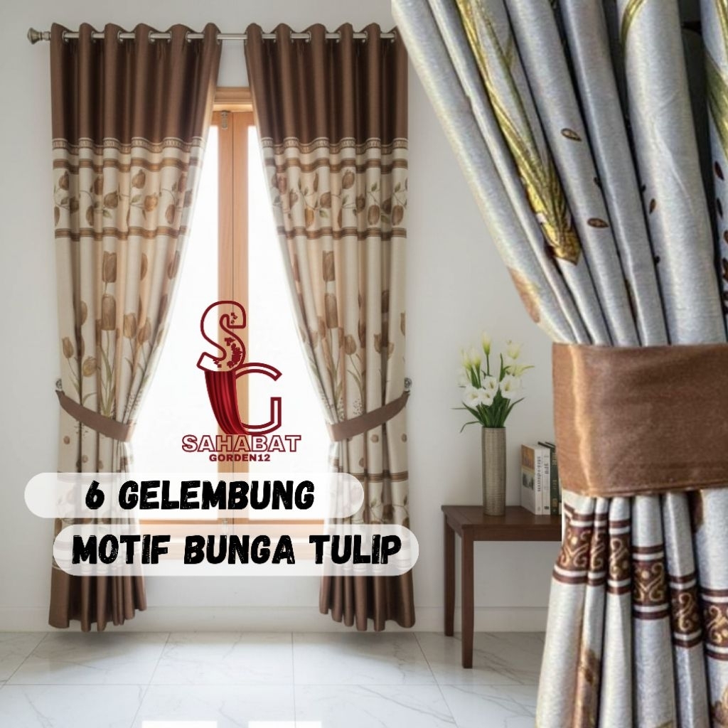 Gorden Jendela 6 Gelembung 12 Smokring Hprdeng  Motif Bunga Tulip Gorden Blackout PREMIUM Tebal