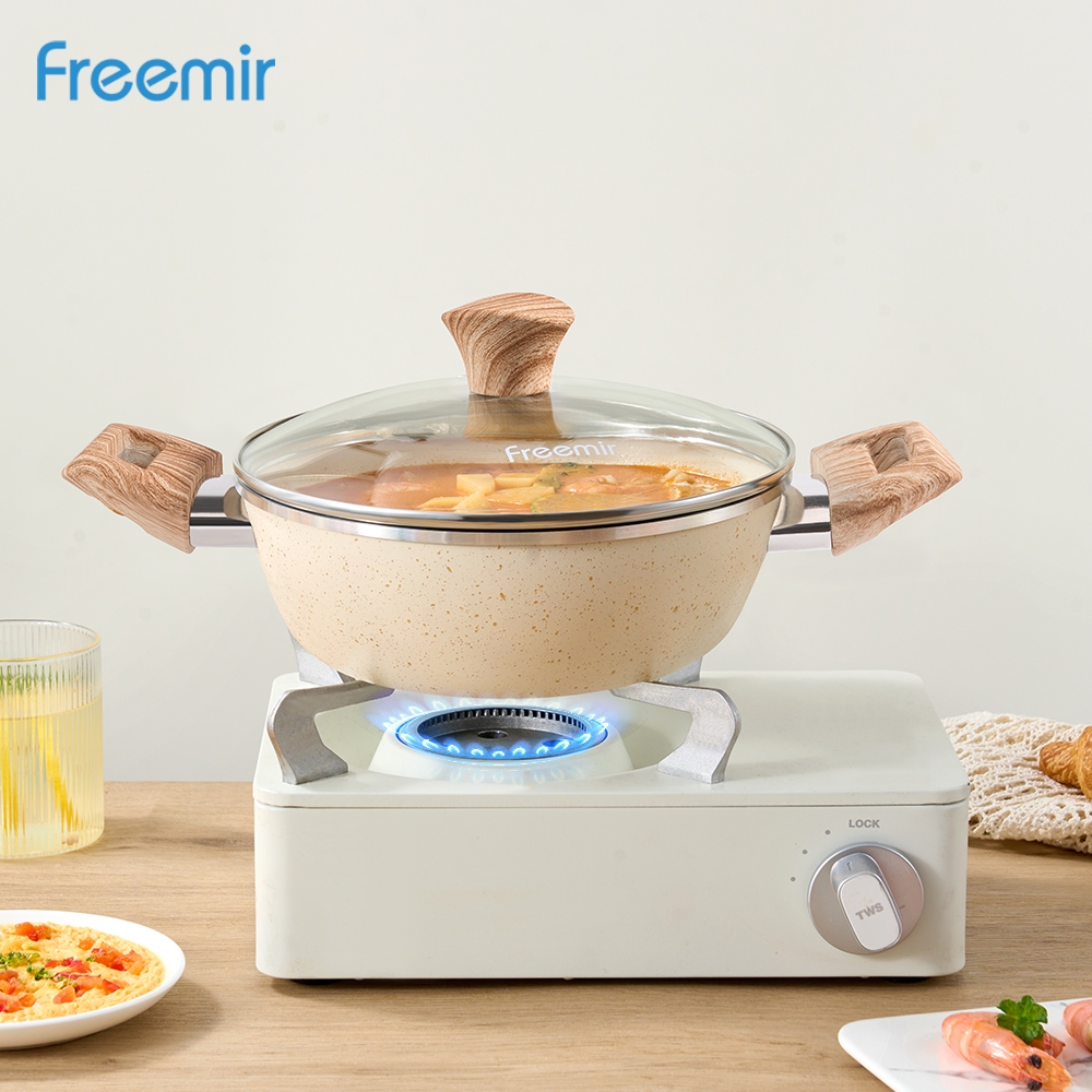 [Original 100%] freemir Wajan Kuali Mini Kecil 20 Cm Granit Anti Lengket Beige Gagang Kayu Kokoh