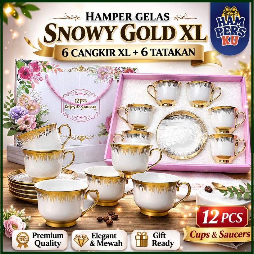 Hampers Cangkir Teh Set Tatakan Keramik Snowy XL 220ml Piring Tatakan Besar Gelas Kopi Gaya Turkey M
