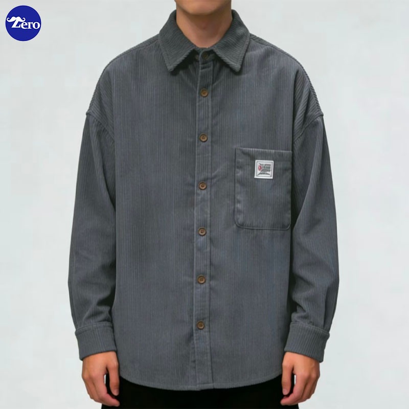 Kemeja Corduroy Pria Lengan Panjang Outer Overshirt Vintage Oversize Korea Style Abu-abu