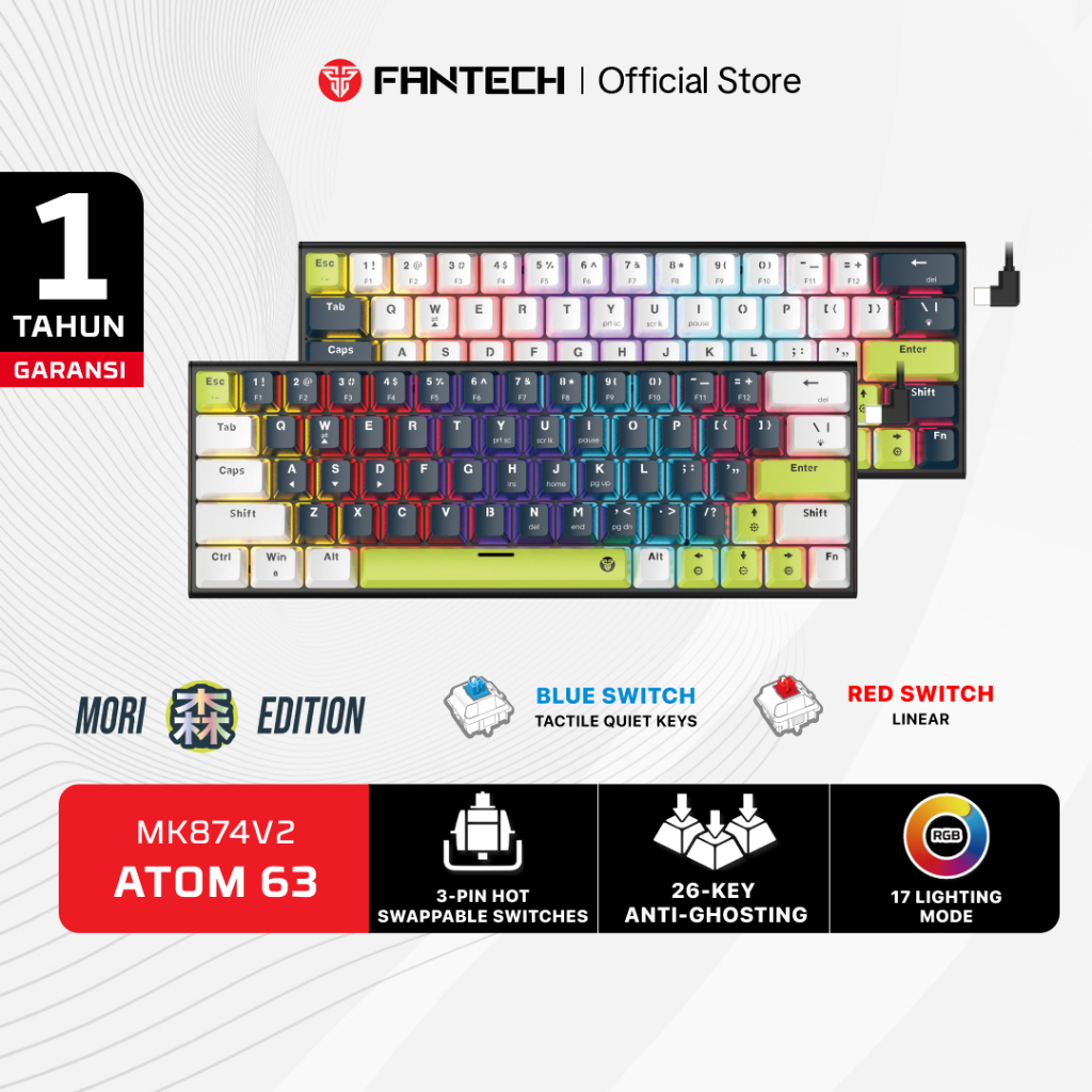 Fantech ATOM MORI SERIES Keyboard Mechanical Gaming ATOM63 Layout 60% Hotswappable 3 Pin RGB Type C