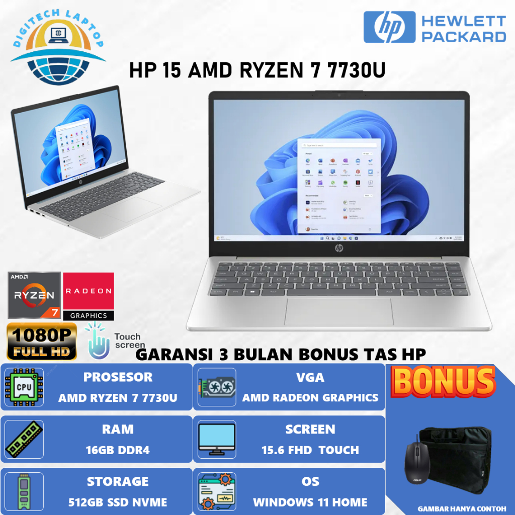 Laptop HP 15 AMD RYZEN 7 7730U 16GB 512GB 15.6 FHD IPS Touch WINDOWS11HOME
