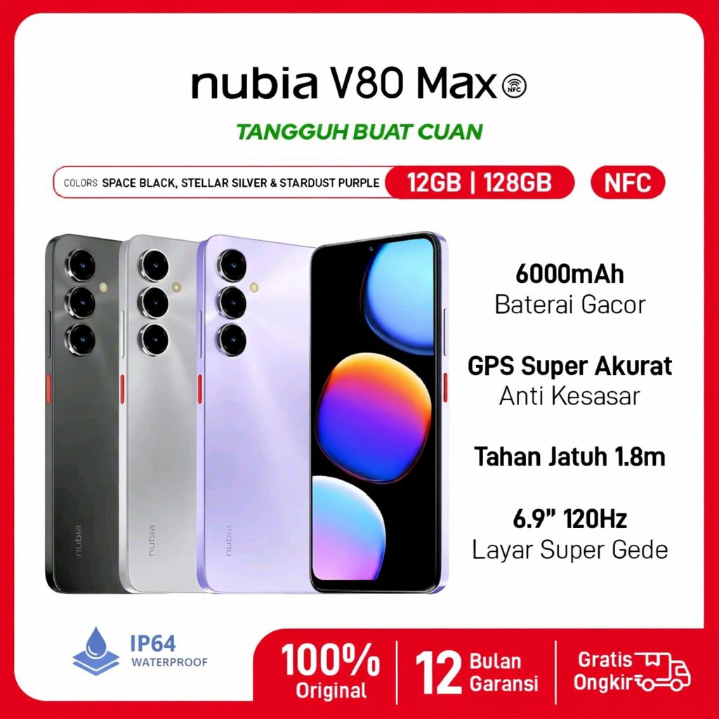 Nubia V80 Max NFC 6+6GB|128GB – Baterai 6000mAh, Layar 6.9” 120Hz, Tahan Jatuh, HP Kuat Buat Kerja &