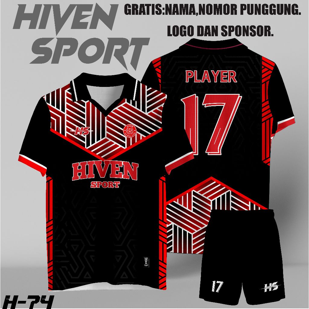 JERSEY FUTSAL CUSTOM NAMA + PUNGGUNG + LOGO MERAH HITAM UNTUK ANAK DEWASA CEWEK COWOK KEREN