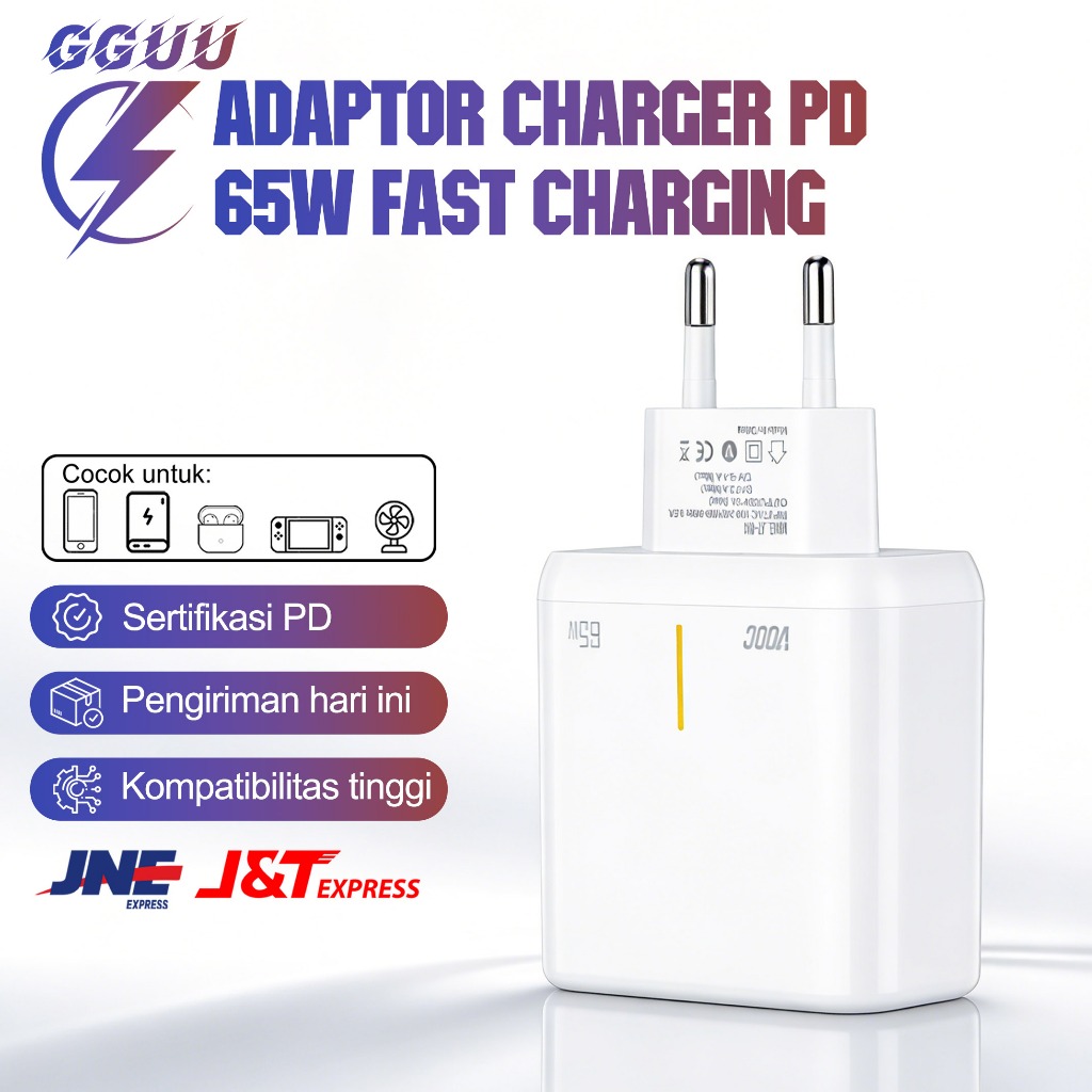 GGUU -Charger GaN 65W Super Mini - Teknologi Terbaru, Ukuran Kecil Tapi Daya Besar Cas Cepat & Suhu 
