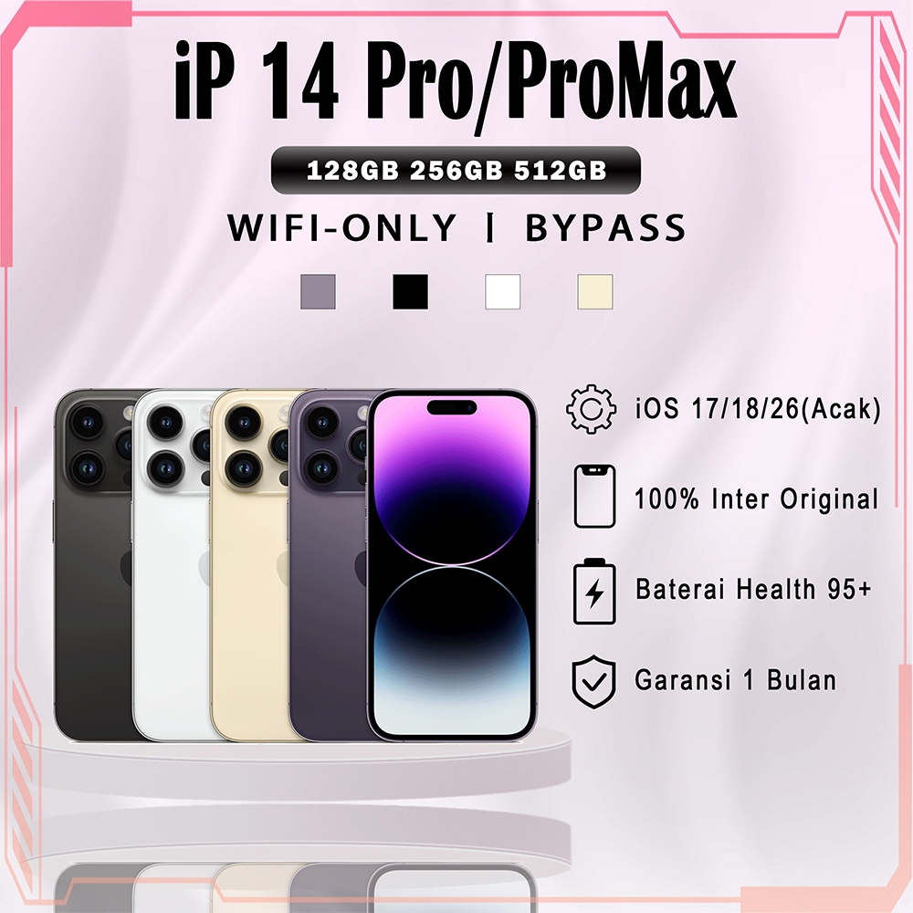 BH 95%+ iPhone 14 Pro/ProMax Bekas 128/256/512GB WIFI-ONLY/Simlock, HandPhone Second Inter Garansi 1