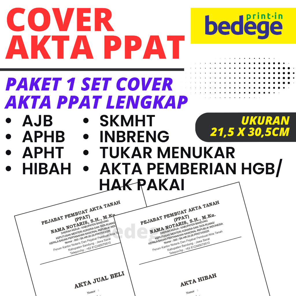 COVER AKTA PPAT  Paket 1 set cover akta ppat lengkap  AJB, APHB, APHT,SKMHT, HIBAH, TUKAR MENUKAR, I