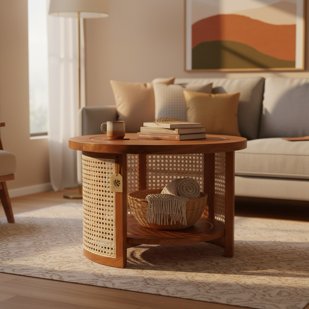 Meja Tamu Bulat Retro / Meja Ruang Tamu Rotan / Meja Rotan Bulat Retro | LARAS