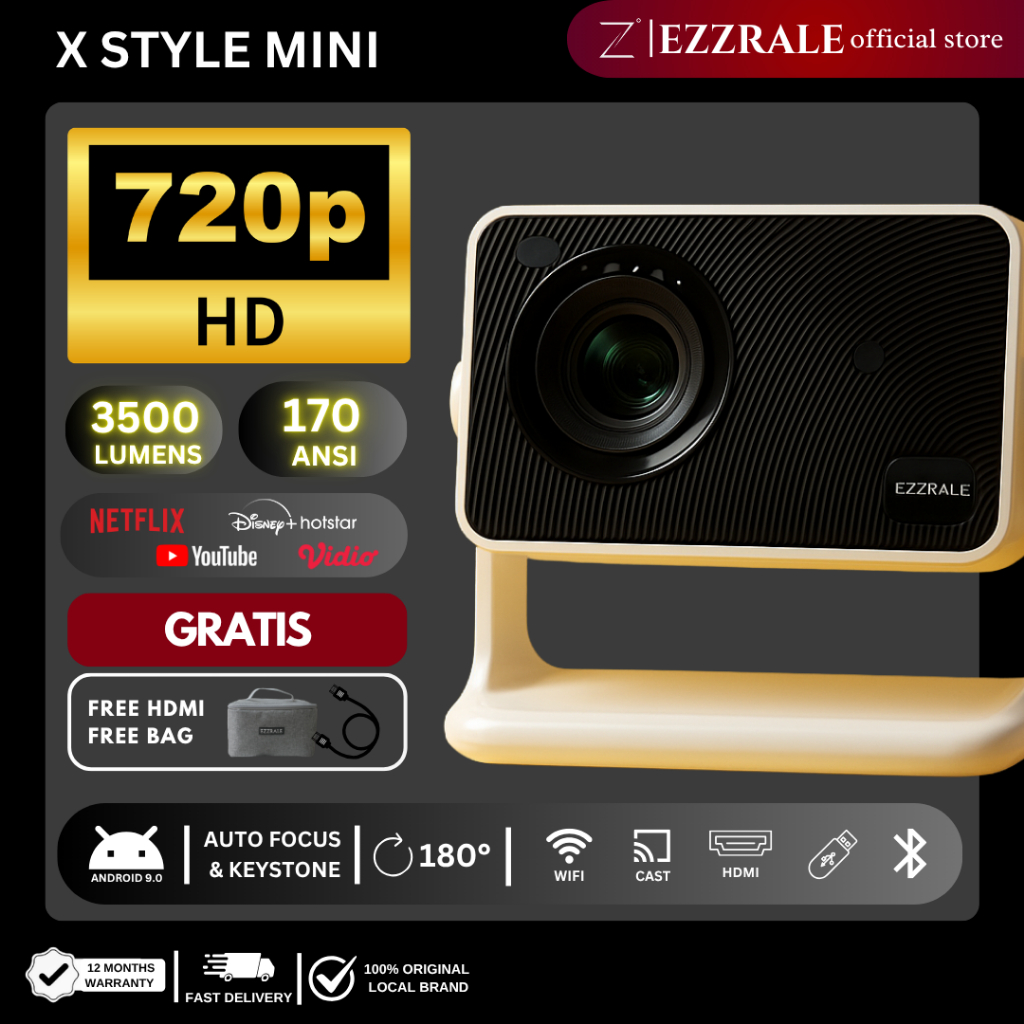 EZZRALE Smart Proyektor LCD X-STYLE MINI 720P 170 ANSI Smart Android Projector FREE BAG WIFI WIRELES