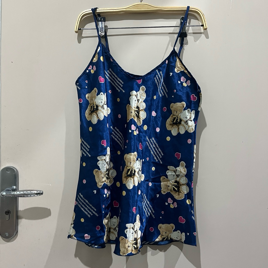 PRELOVED Sleepware Baju Tidur Satin Wanita Tanktop Wanita Silky Cute Baju Rumah Biru Piyama