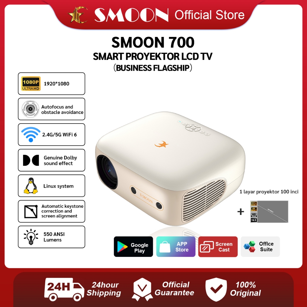 SMOON 700 Smart Projector LCD TV - Proyektor Pintar - 550 ANSI Lumens - TV Android - Fokus Otomatis 