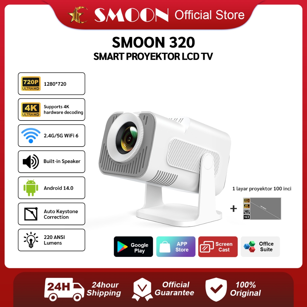 SMOON 320 Projector LCD TV - Proyektor Pintar - HY320 - 220 ANSI Lumens - TV Android - Fokus Otomati