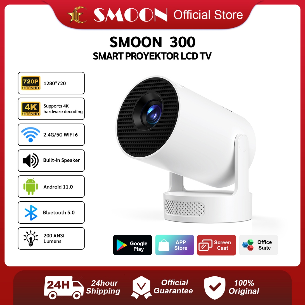 SMOON 300 Smart Projector LCD TV - Proyektor Pintar - 200 ANSI Lumens - TV Android - Fokus Otomatis 