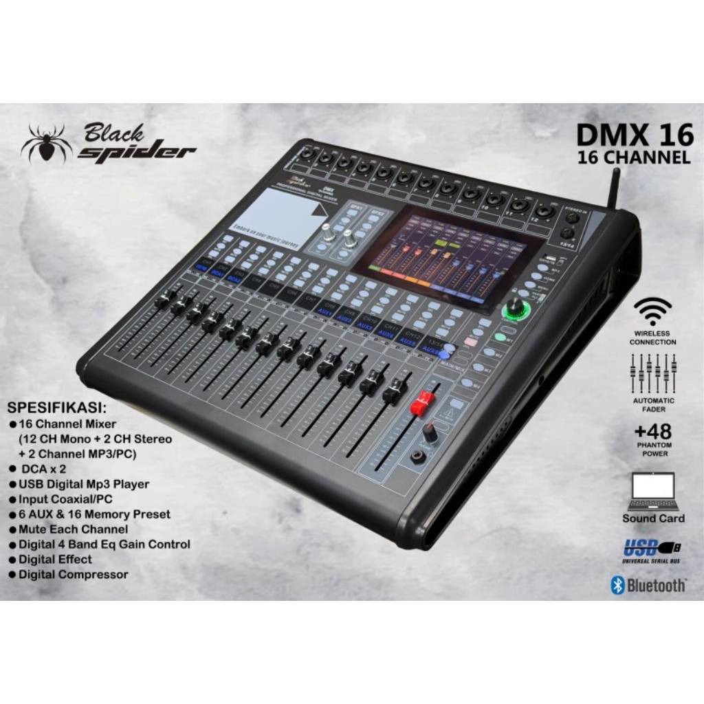 POWER MIXER BLACK SPIDER DMX 16 CHANNEL/ Power Mixer Black Spider Dmx 16 Channel/ poer mixer black s