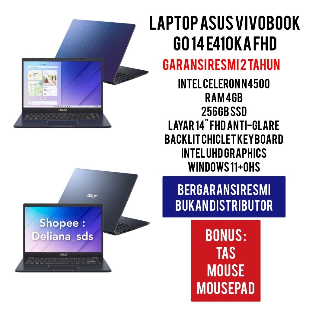 Laptop Asus E410KA-FHD Intel Celeron N4500 4GB/256GB SSD 14" FHD AntiGlare Garansi Resmi 2 Tahun Lap