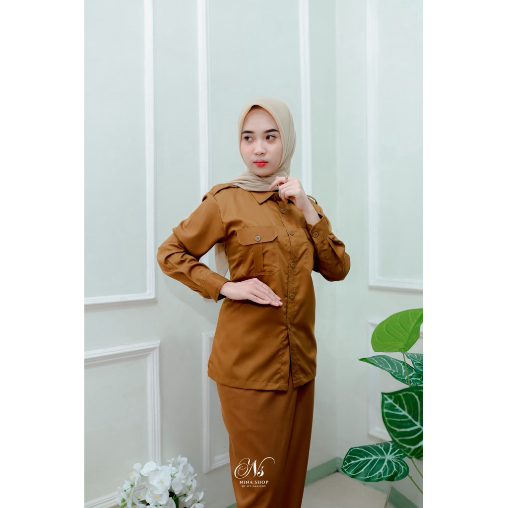 Baju Pemda Wanita PNS Terbaru | Setelan Pemda Wanita Terbaru Khaki Tua | Baju Dinas Pemda Wanita Ter