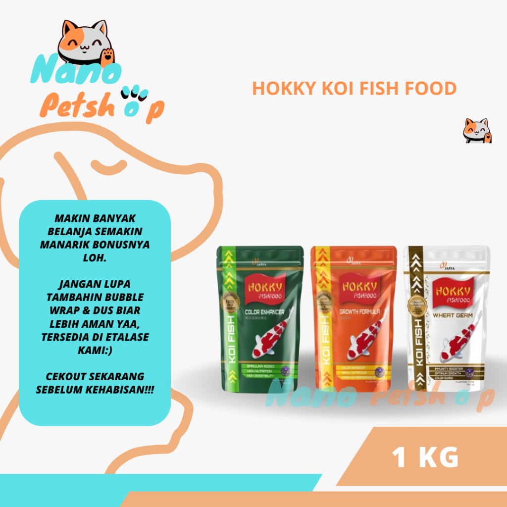 Pakan Ikan Koi - Hokky Koi Growth, Wheat Germ, Spirulina Kemasan 1KG