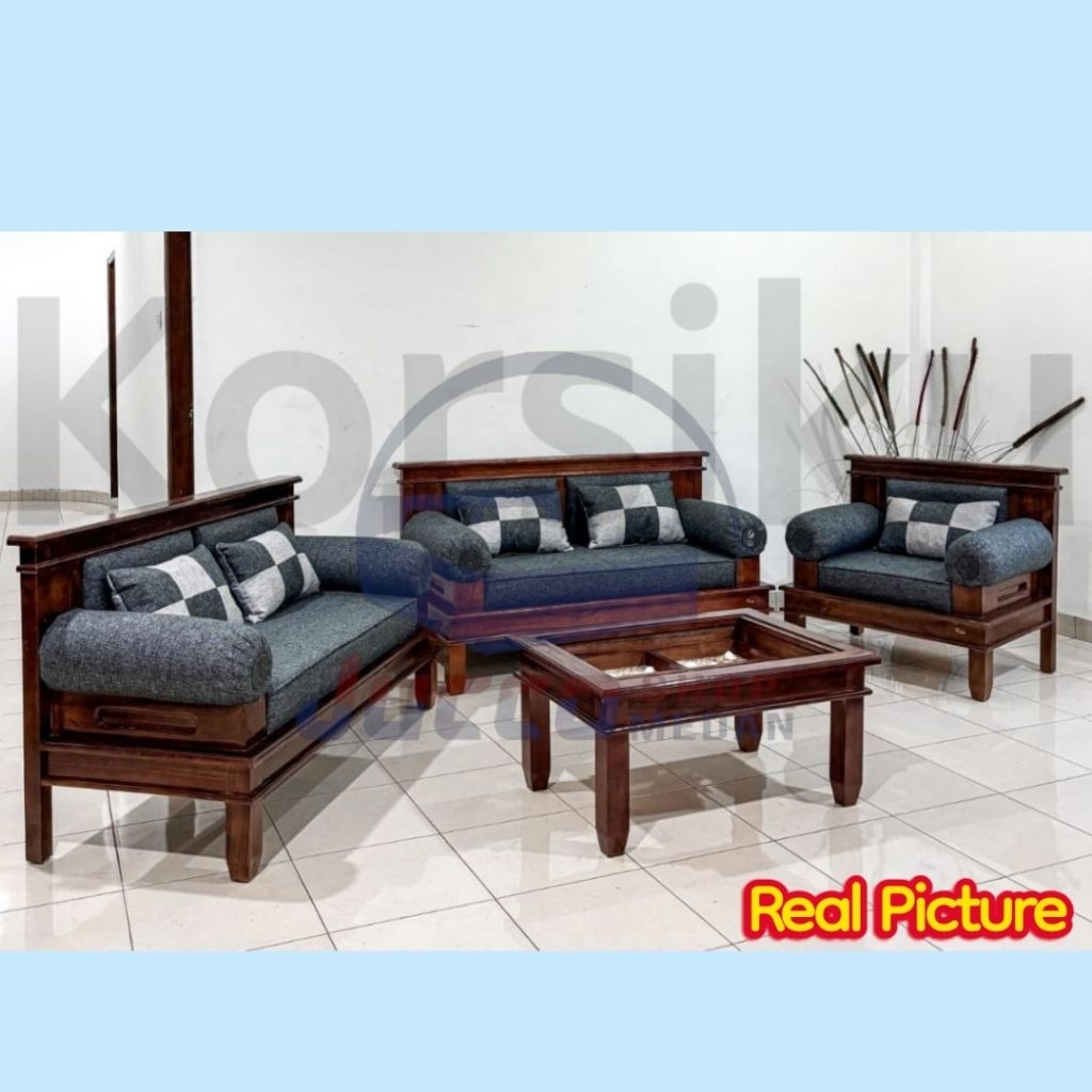 [ GOLDEN FURNITURE ] Kursi Tamu Kayu 221 Guling Minimalis - Kursi Tamu Free Meja Kerang - Sofa Kayu 