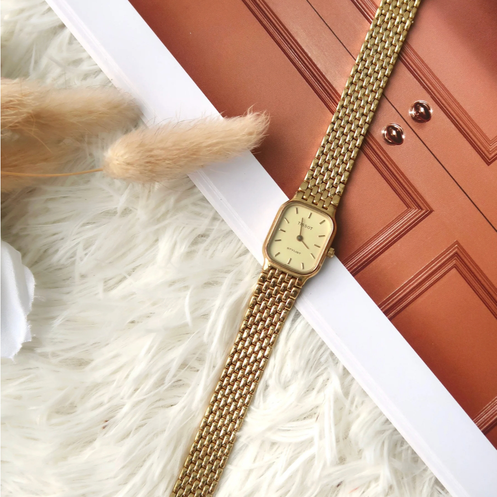 Jam Tangan Wanita Vintage Watch Tissot Stylist Gold Dial Gold Chain Original Autentik Preloved Bekas