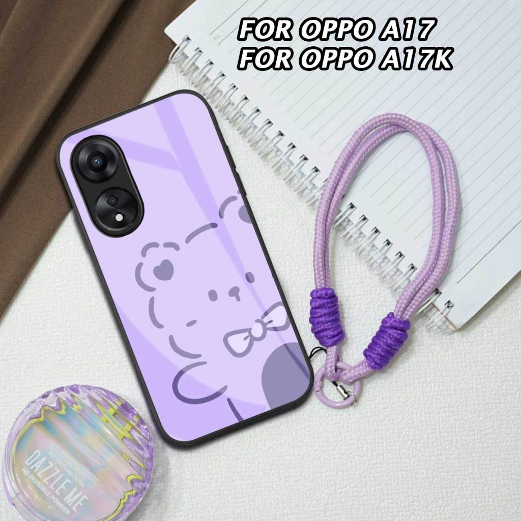 FOR OPPO A17 [M394] SOFTCASE GLASS KACA DENGAN TALI STRAP BONI LILAC FOR OPPO A17K MOTIF LILAC AESTH