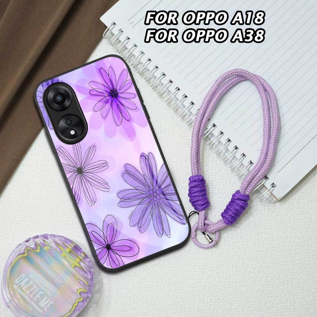 FOR OPPO A18 [M394] SOFTCASE GLASS KACA DENGAN TALI STRAP BONI LILAC FOR OPPO A38 MOTIF LILAC AESTHE