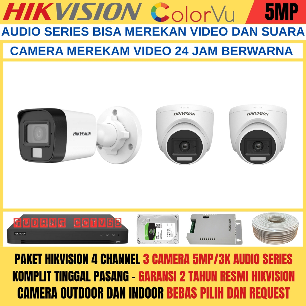 Paket CCTV HIKVISION 4 Channel 3 Camera HIKVISION 5MP Colorvu 3K Full Colour AUDIO SERIES Komplit