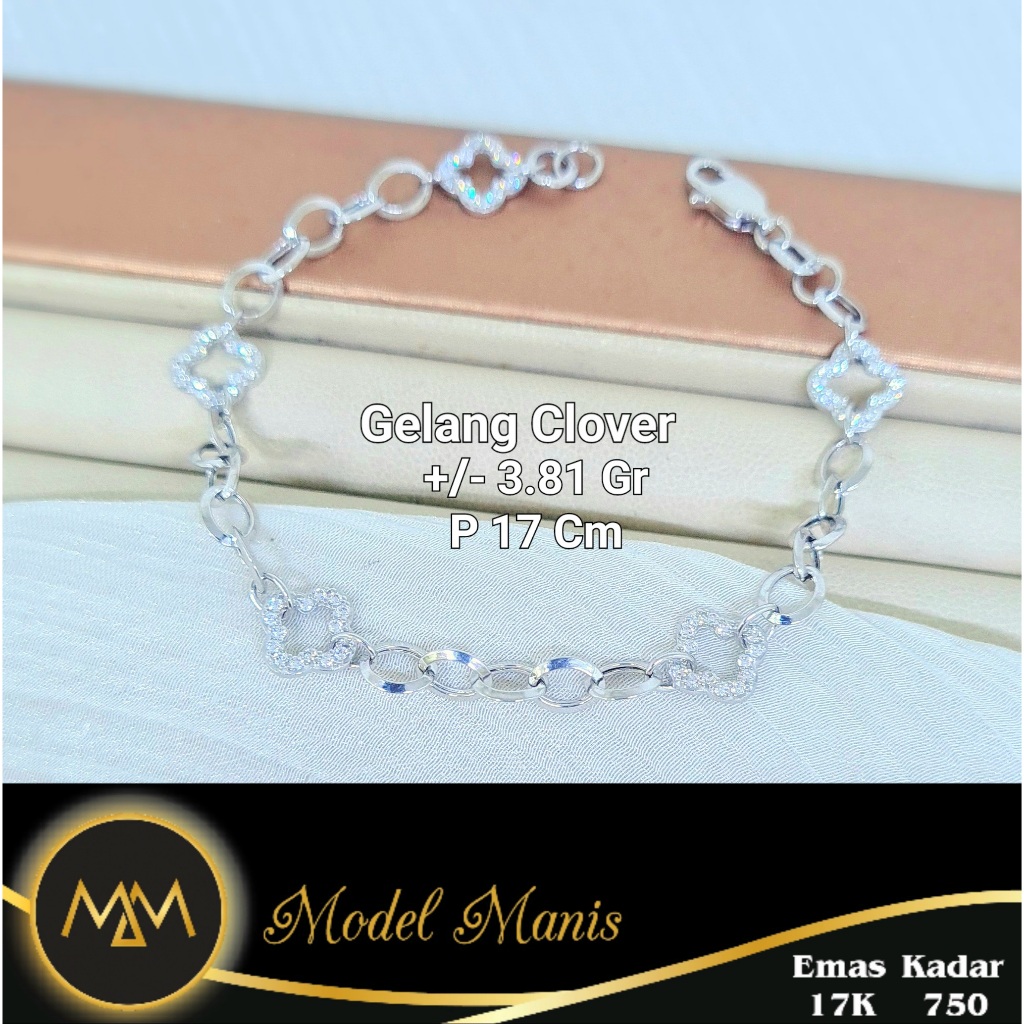 Model Manis Gold - Gelang Rantai Ring Clover Putih - Emas 17k  750