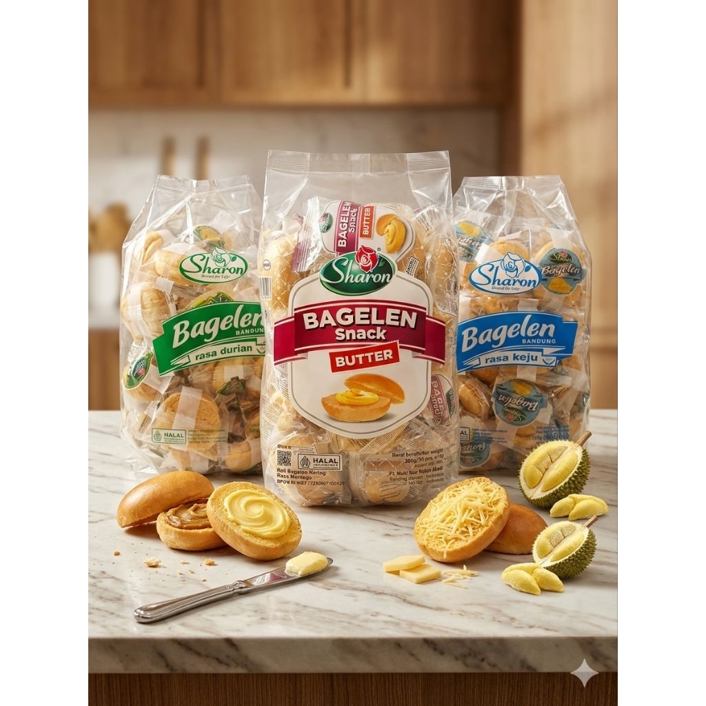 Sharon Bagelen Bandung 300g - Rasa Keju Durian & Butter Roti Kering Asli