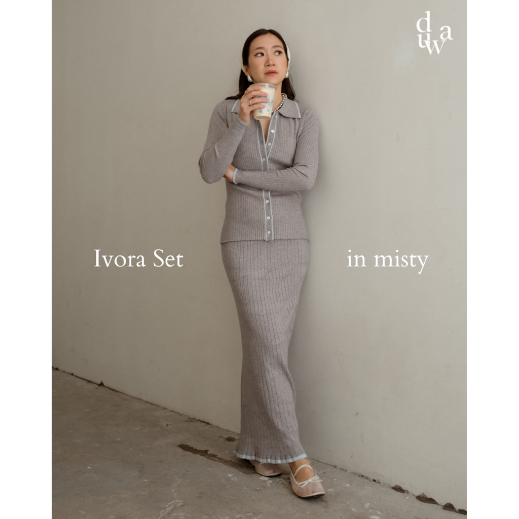 Duwa Ivora Set Premium Korean Knit Long Sleeves Shirt Maxi Skirt