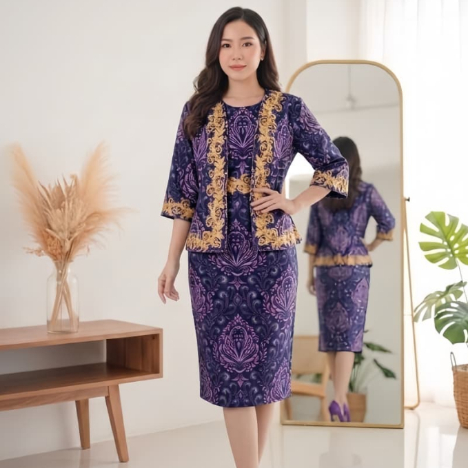 OY 9679 Dress wanita motif batik rompi scuba kekinian Jumbo gaun seragam paskah natal
