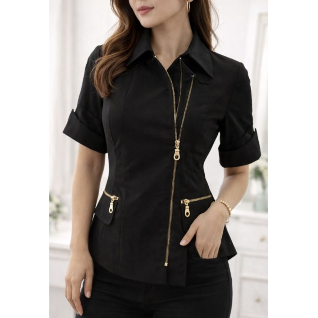 Blouse Wanita Elegan Hitam – Slim Fit Exclusive Look Resleting Gold Mewah Baju Wanita Formal