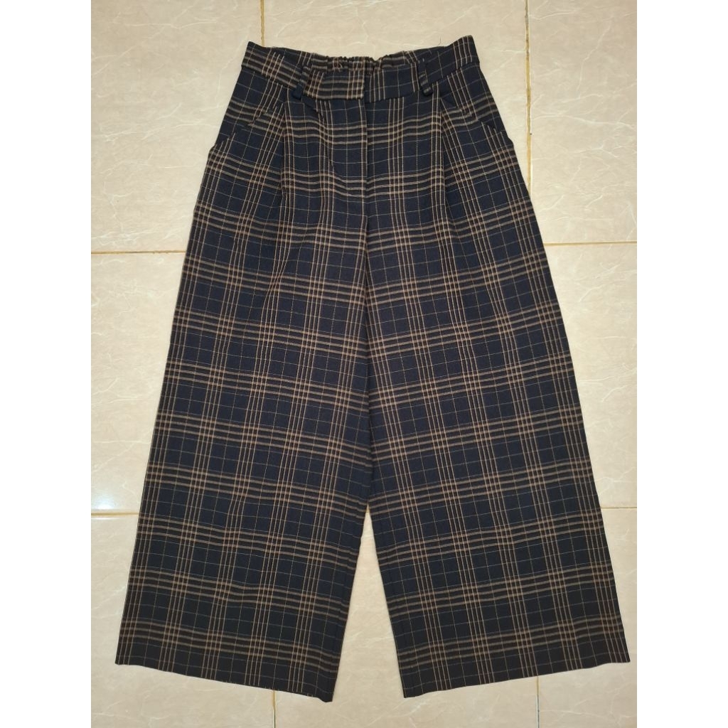 Preloved Celana Panjang Kulot Kain Highwaist HW Wanita Cewek Motif Tartan