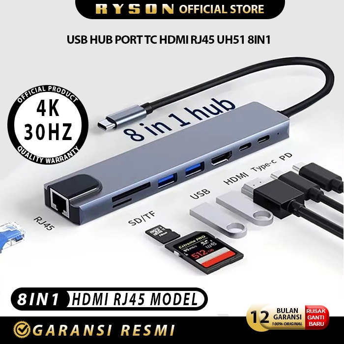 RYSON UH51 RJ45 Type C hub 8in1 DP HDTV RJ45 100mbps PD type C card reader usb 3.0 Aluminium Macbook