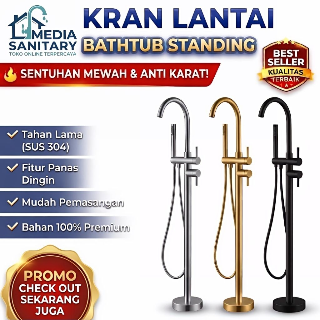 Kran Bathub Panas Dingin Standing Chrome Black Gold /Kran Bathub Lantai Model Tinggi /Floor Standing