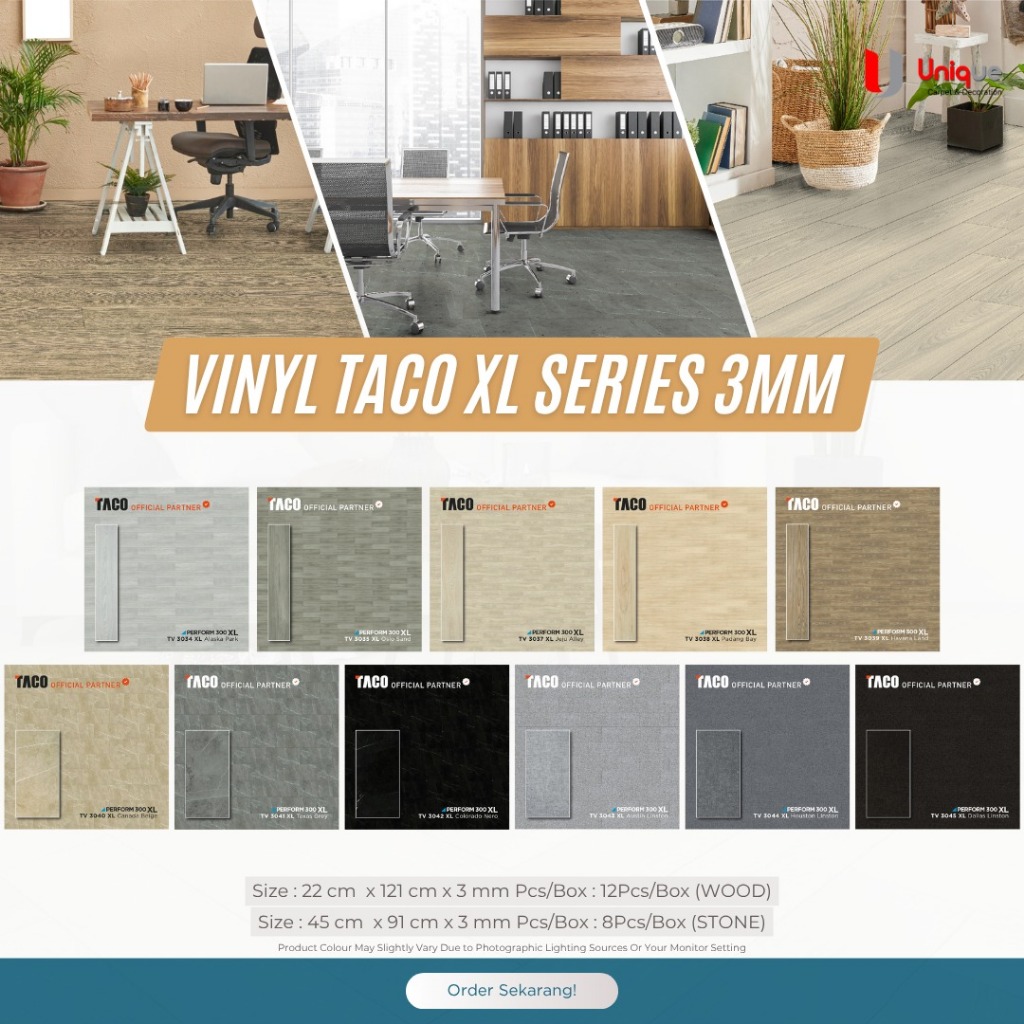 TACO - Vinyl Flooring 3mm Series XL / Vinyl Plank Motif Kayu / Vinyl Lembaran Motif Semen / Vinyl La