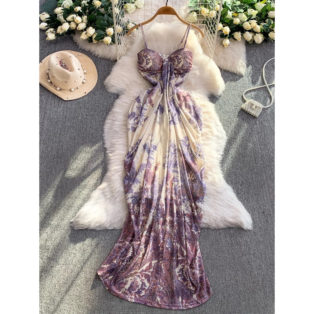 Dress panjang wanita korea ungu bunga floral