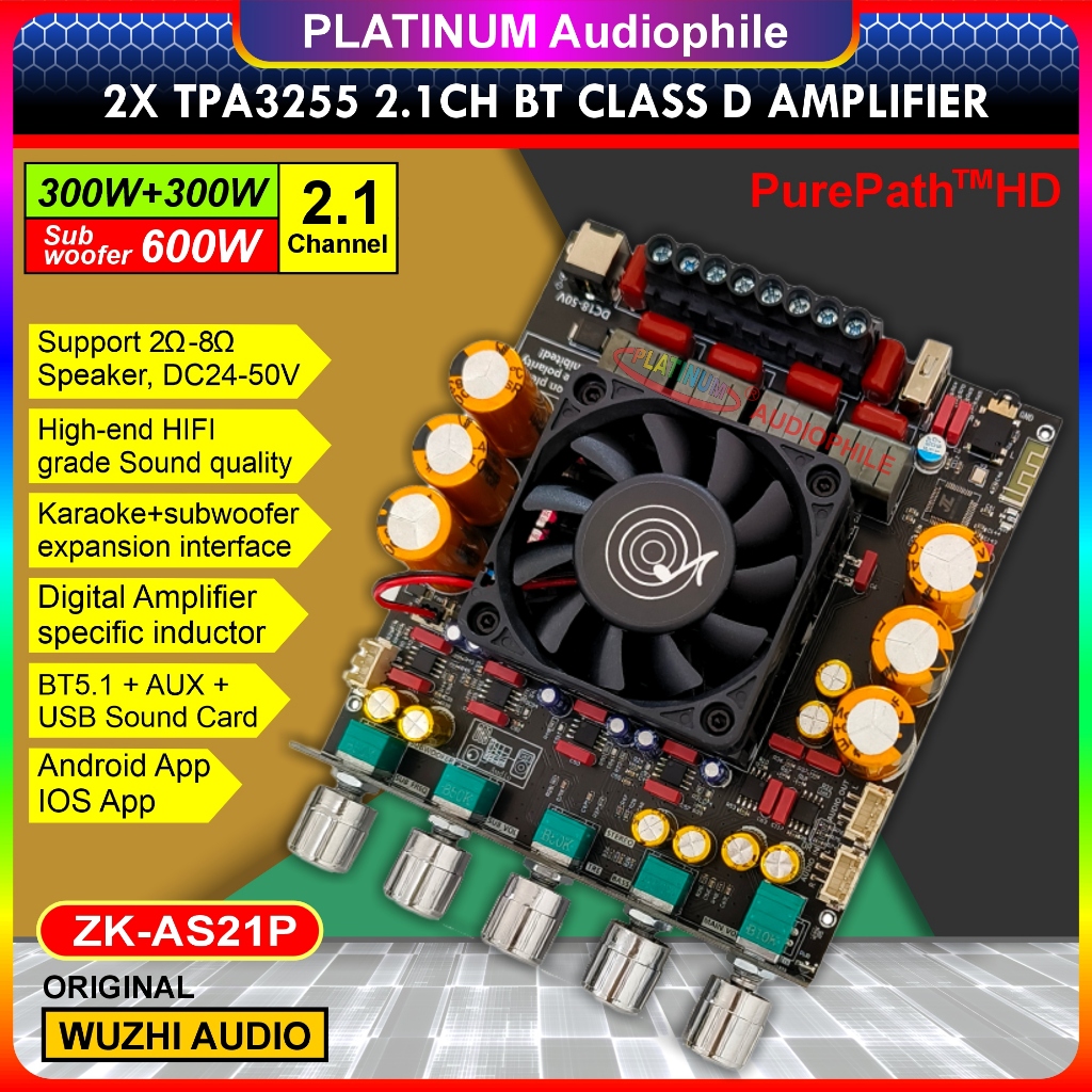 TPA3255 Amplifier Class D 2.1CH 2x 300W + 600W Bluetooth Stereo + Subwoofer Original ZK-AS21P