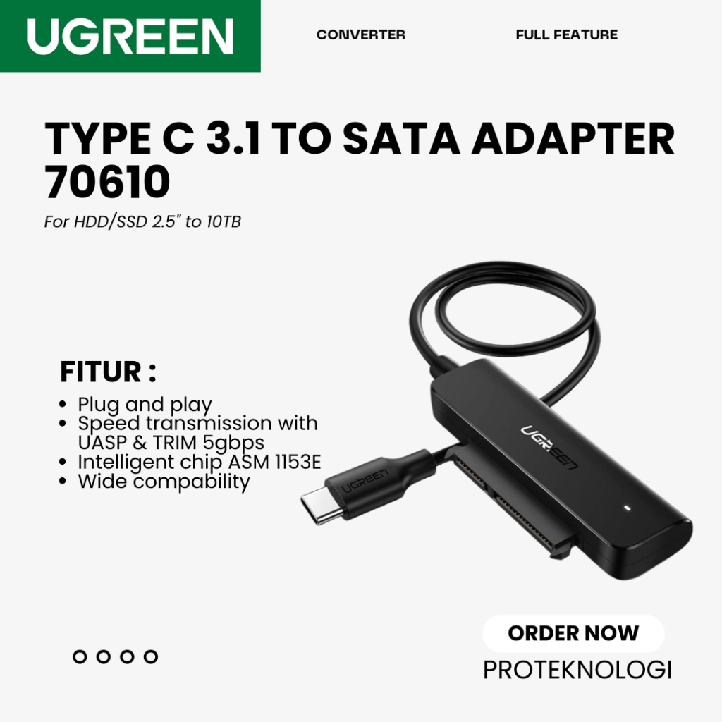 UGREEN 70610 Type C to SATA Hard Drive Adapter Cable 3.0 2.5" Converter HDD SSD Universal