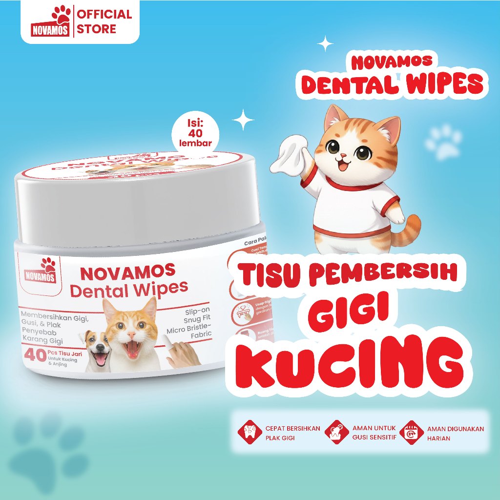 NOVAMOS Dental Wipes 40 Lembar Cara Mudah Bersihkan Gigi Anjing/Kucing, Bantu Cegah Penyakit Gusi da